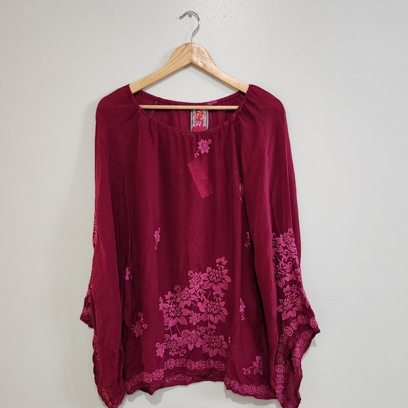 NWT Johnny Was Fay Raglan embroidered boho/western burgundy blouse, Size XS flaw - Picture 1 of 11